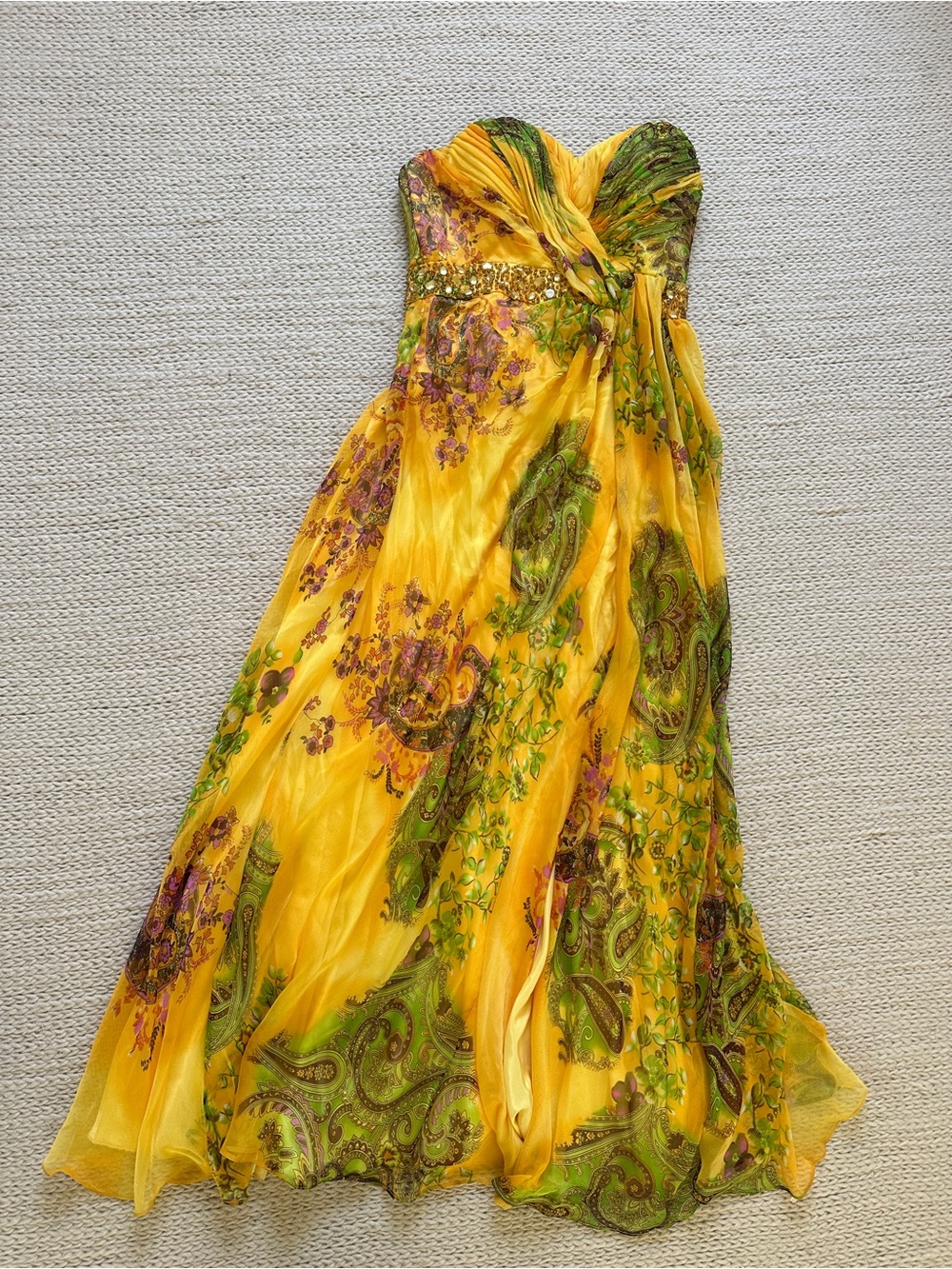 Y2k Yellow Beaded Floral Strapless Maxi Dress S
